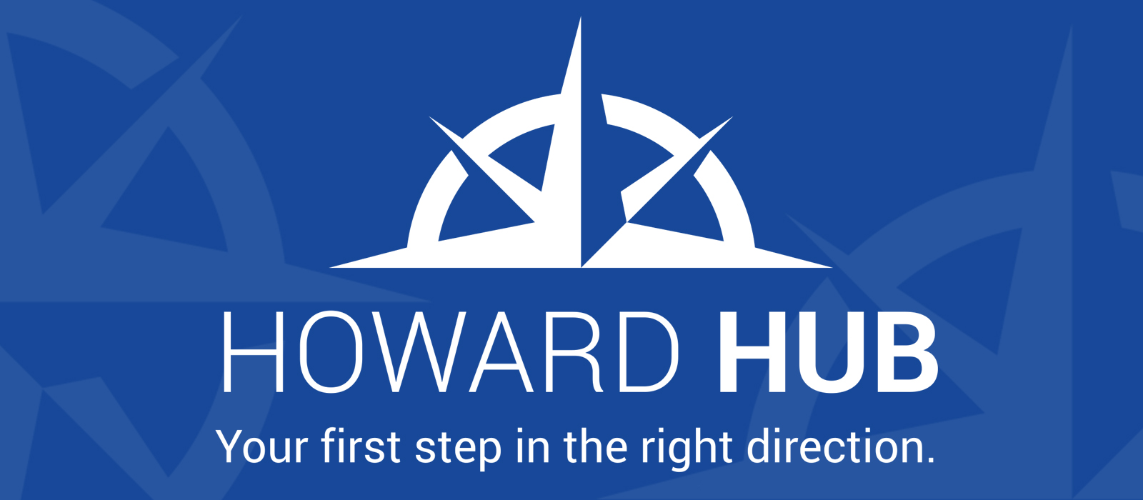 Blue web header featuring the Howard Hub logo above the words “HOWARD HUB” and the tagline “Your first step in the right direction.” The logo resembles a stylized compass, with subtle compass graphics in the background.