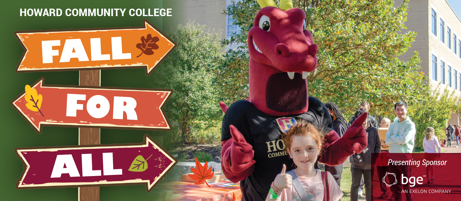 Howard Community College’s “Fall for All” event featuring a red dragon mascot posing with a young attendee. Directional signs display “Fall for All.” Sponsored by BGE.
