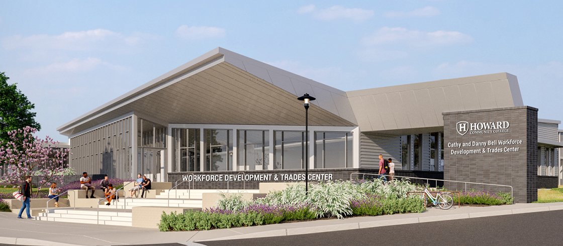 Rendering of the Cathy and Danny Bell Workforce Development & Trades Center at Howard Community College, featuring a modern, angular building with large glass windows, landscaped walkways, and students sitting and walking around the outdoor seating area in front.