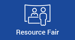 Icon of two people at a table representing a Resource Fair, with the words 'Resource Fair' below the graphic on a blue background.