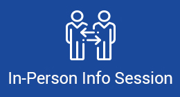 Icon on a blue background depicting and In Person Info Session.
