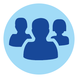 Icon in two shades of blue that depicts a group of peers.