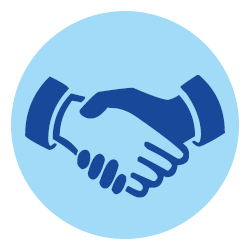 An icon using two shades of blue depicting two hands shaking.