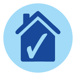 An icon created in two shades of blue depicting a check mark inside a house.