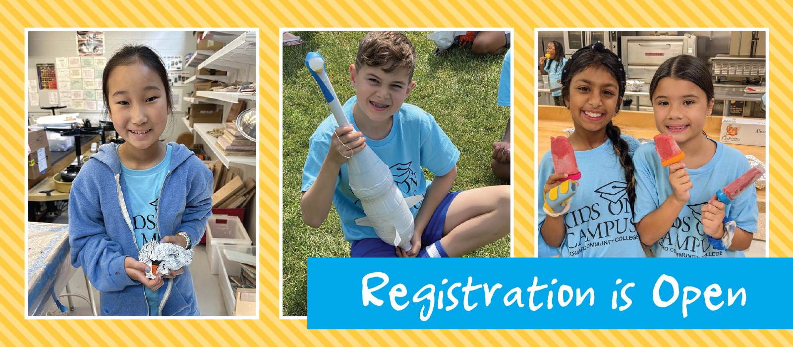 Kids on Campus students with Registration Open on the graphic