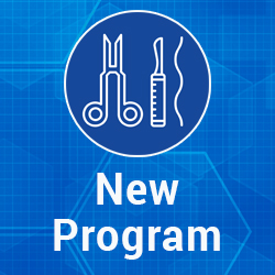 Blue icon featuring surgical instruments—a clamp, scalpel, and suture—inside a circle on a blueprint-style background, with the words 