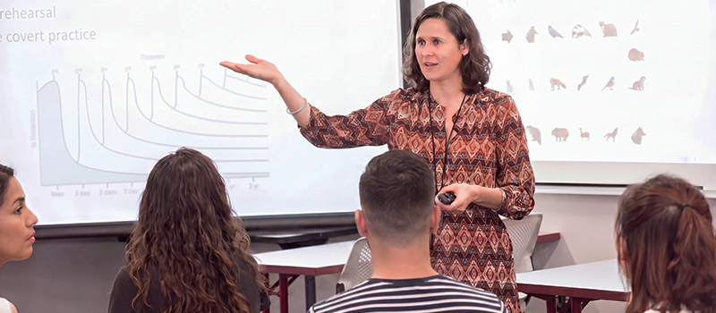 A classroom setting where a teacher is leading a class on learning English.