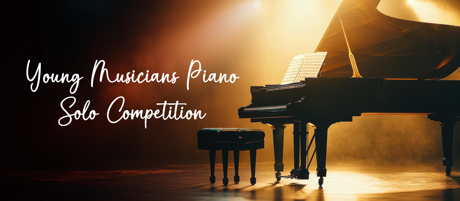 A grand piano with an open lid and sheet music on its stand, illuminated by dramatic stage lighting in warm golden hues. The text 'Young Musicians Piano Solo Competition' is written in elegant, cursive script on the left side of the image.