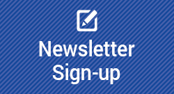 A blue graphic with the words 'Newsletter Sign-up' displayed with an icon portraying a pencil and paper.
